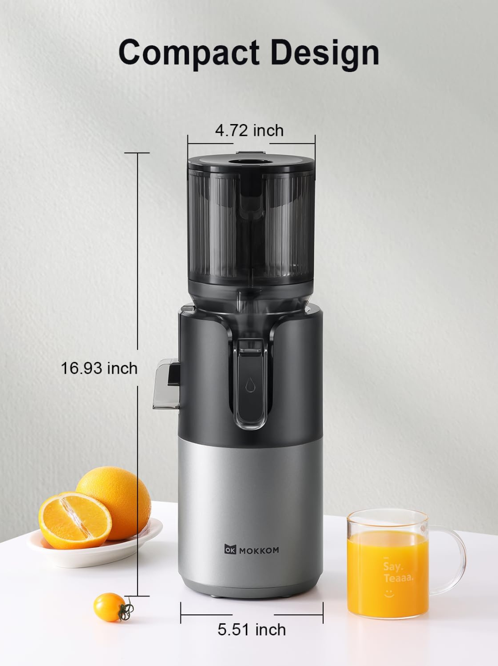 Mokkom Cold Press Juicer 200 Watts, 1 Litre, High Juice Yield, Double-stage Press Extractor Machine Fit Whole Fruits Vegetables - Grey