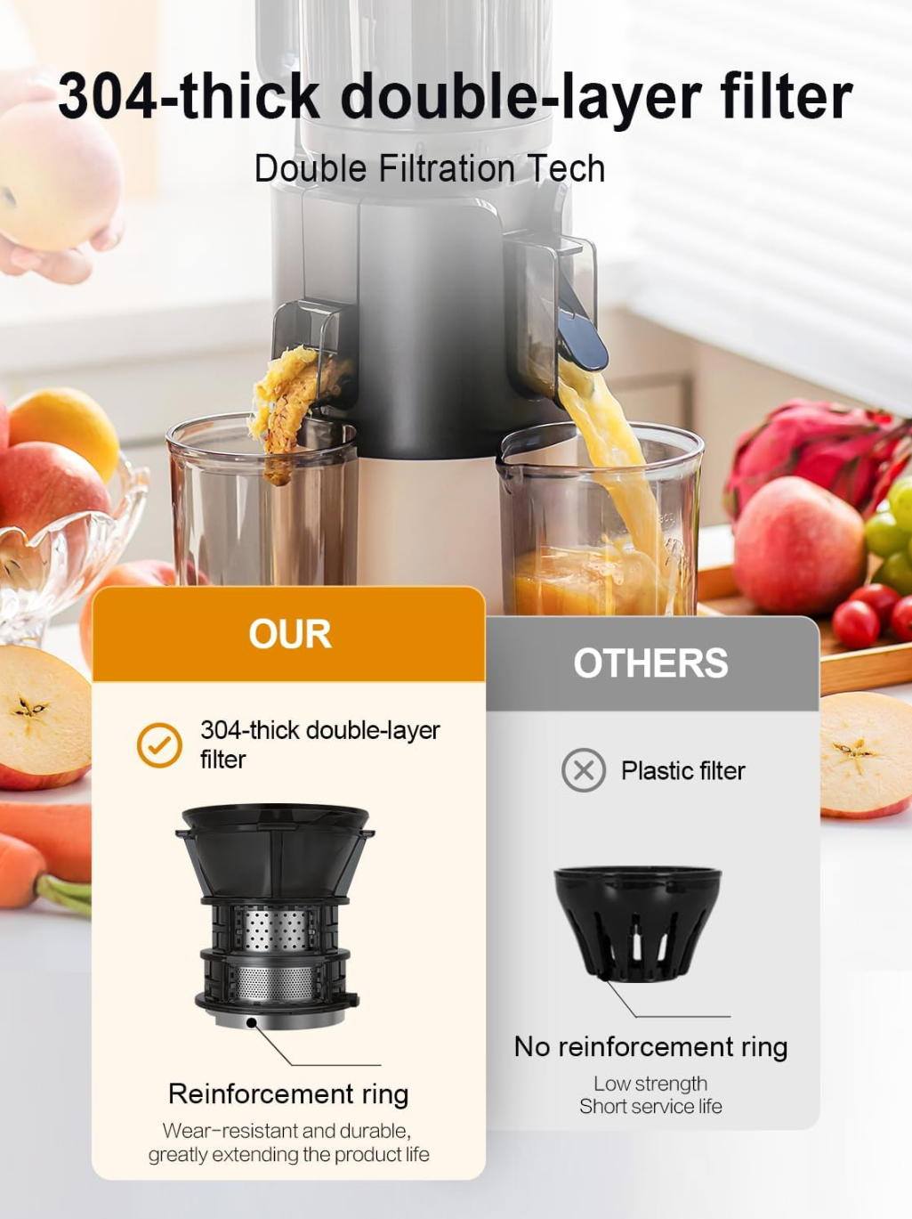 Mokkom Cold Press Juicer 200 Watts, 1 Litre, High Juice Yield, Double-stage Press Extractor Machine Fit Whole Fruits Vegetables - Grey