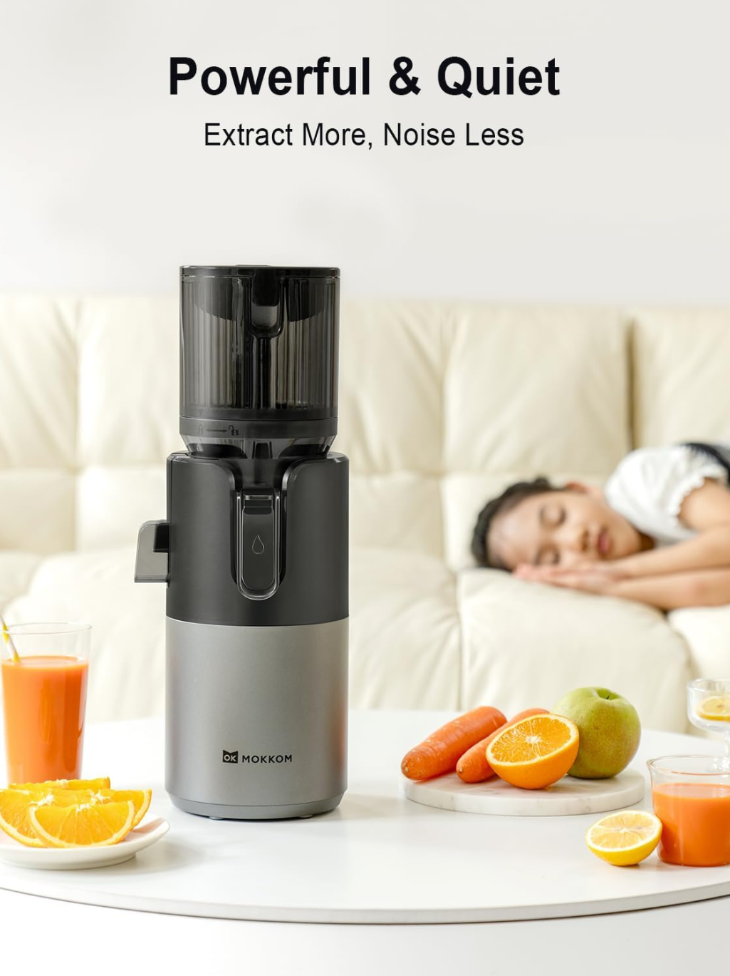 Mokkom Cold Press Juicer 200 Watts, 1 Litre, High Juice Yield, Double-stage Press Extractor Machine Fit Whole Fruits Vegetables - Grey