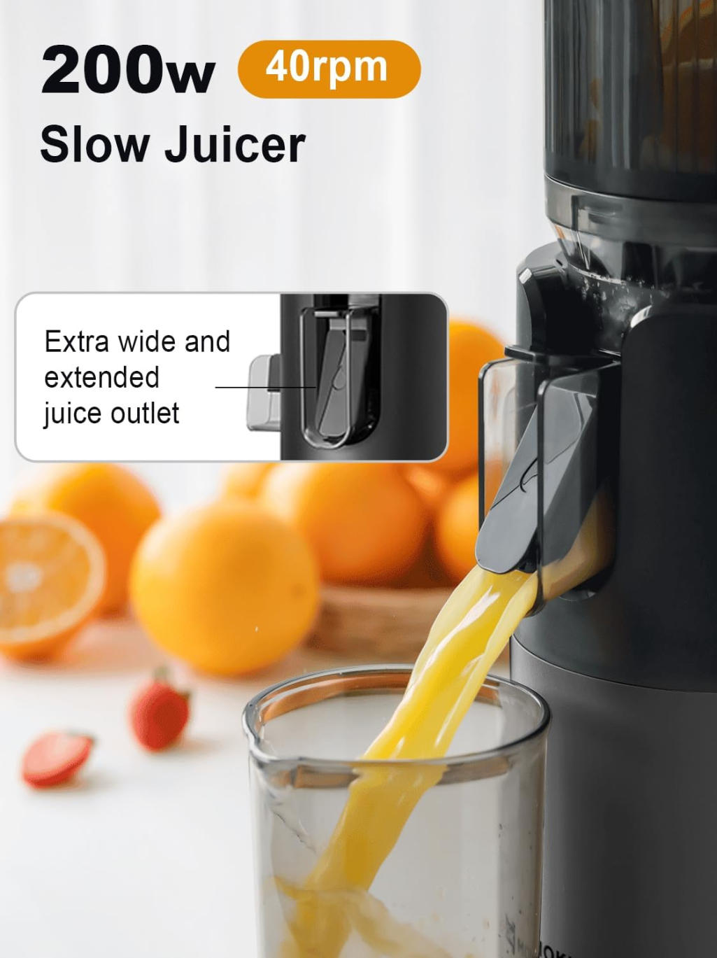 Mokkom Cold Press Juicer 200 Watts, 1 Litre, High Juice Yield, Double-stage Press Extractor Machine Fit Whole Fruits Vegetables - Grey